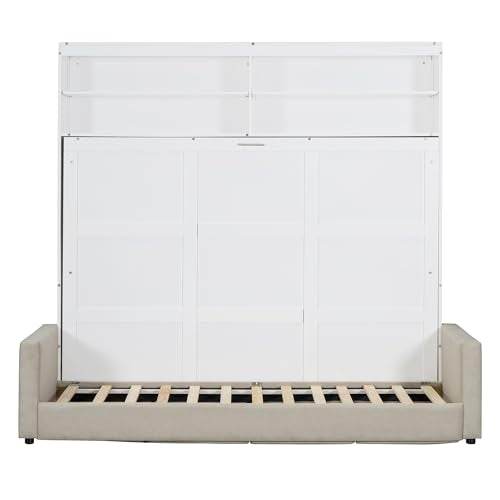 Merax Queen Size Murphy Cabinet Bed with Storage, Wood Folding Sofa with Open Shelves, Space-Saving Wall Bed for Guest Room and Home Office Merax