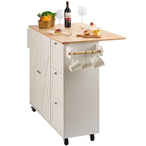 VEVOR Kitchen Island Cart with Solid Wood Top, 45.3" Width Mobile Carts with Storage Cabinet, Rolling Kitchen Table with Spice Rack, Towel Rack, Drop Leaf and Drawer, Portable Islands on Wheels, White VEVOR