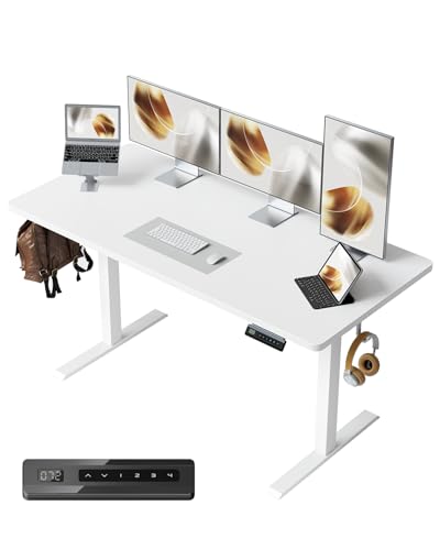 CubiCubi 55 x 24 Large One-Piece Standing Desk, Adjustable Height Electric Computer Home Office Sit Stand up Workstation, with 4 Memory Presets, Headphone Hook, White CubiCubi
