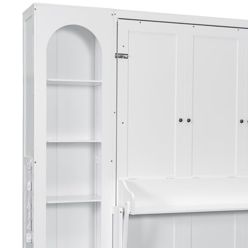 LUMISOL Queen Size Vertical Murphy Bed with Desk, Wood Queen Wall Bed Cabinet Bed with Storage Drawers & Shelves and LED Lights for Guest Room, Bedroom, White LUMISOL