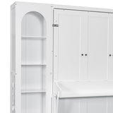LUMISOL Queen Size Vertical Murphy Bed with Desk, Wood Queen Wall Bed Cabinet Bed with Storage Drawers & Shelves and LED Lights for Guest Room, Bedroom, White LUMISOL