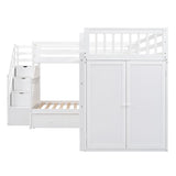 Merax L-Shaped Triple Bunk Bed with Desk & Stairs, Twin & Twin Over Full Bunk Bed for 3, Storage Drawers and Wardrobe Included, for Adults, Boys & Girls, White Merax