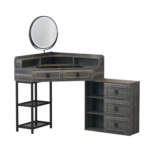 WOOVIVS Corner Vanity Desk with Lighted Rotating Mirror, Glass Top Makeup Table with 5 Drawers, Small Vanitys with Charging Station,Jewelry Organizers for Bedroom,Brown WOOVIVS
