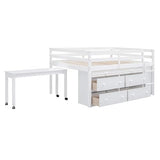 Low Loft Bed with Desk and Storage, Full Size Kids Loft Bed Frame with 4 Drawers and Rolling Portable Desk for Children and Teens, Boys, Girls, White Bellemave