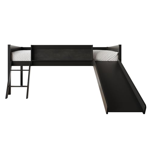 CHALETPOSH Low Loft Bed with Slide, Climbing Ladder, Chalkboard, Wood Twin Loft Bed Frame with Guardrail for Kids Toddler Boys Girls, Black CHALETPOSH