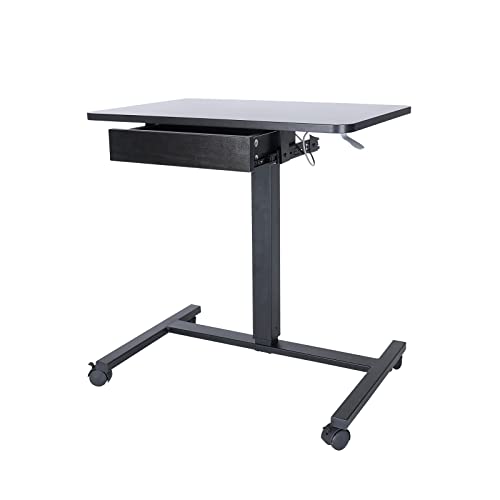 CLATINA Height Adjustable Work Table with Drawer Mobile Laptop Standing Desk Portable Small Teacher Podium with Lockable Wheels Cart Computer Overbed Table for Home Office Classroom Medical, Black CLATINA
