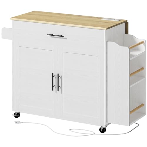 Rolling Kitchen Island with Drop Leaf and Storage by IRONCK, White - WoodArtSupply