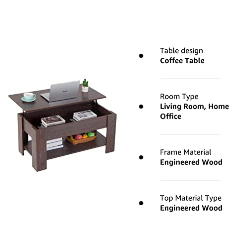 FDW Lift Top Coffee Table with Hidden Compartment and Storage Shelf Wooden Lift Tabletop for Home Living Room Reception Room Office (Espresso) - WoodArtSupply