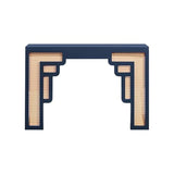 Pemberly Row Rattan Console Table, Navy Finish, Handmade Wood Construction, Transitional Art Deco Style, Rounded Edges, Woven Rattan Accents, Contemporary Living Room or Hallway Furniture Pemberly Row