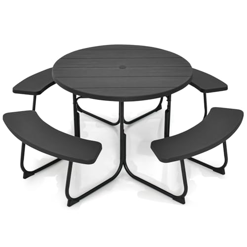 Tangkula 8 Person Picnic Table, Outdoor Round Picnic Table with 4 Built-in Benches, Umbrella Hole, Metal Frame & HDPE Tabletop, Outside Table and Bench Set for Backyard, 2300lbs Weight Capacity Tangkula