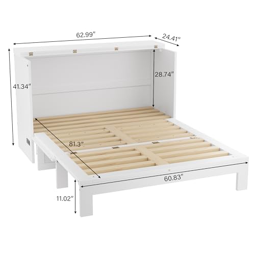 PVWIIK Full Murphy Bed with Storage Drawer & Charging Station for Home Office, Studio or Guest Room,Full Size Bed Frame Murphy Bed with USB Port,Space Saving Design, White PVWIIK