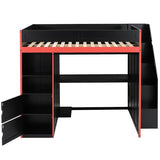 SOFTSEA Full Size Gaming Loft Bed with Desk & Storage Stairs, Solid Wood Loft Bed with LED Lights, Wardrobe and Shelves, Space-Saving Gaming Bed for Kids Teens Adults, Black + Red SOFTSEA