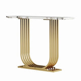 GDFStudio 43.3" Modern Console Table, Narrow Wooden Entryway Table with Imitation Marble Top and Gold Metal Base, Accent Sofa Table Behind Couch for Living Room Foyer Hallway, White+Gold GDFStudio