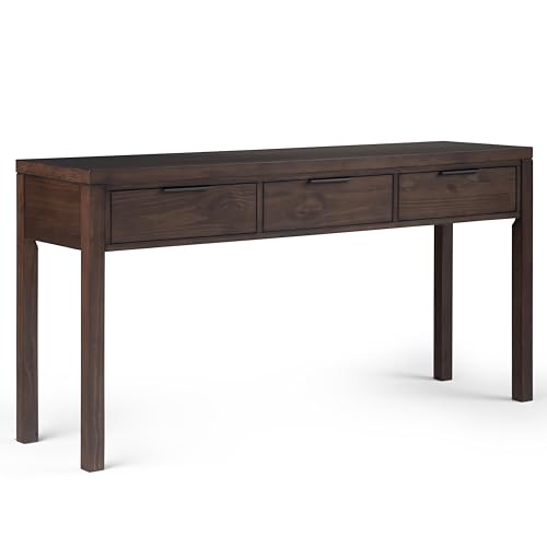SIMPLIHOME Hollander Console Table - 60 Inch Wide Solid Wood Sofa Table in Warm Walnut Brown, Contemporary Storage Table for Entryway or Living Room with 3 Drawers and Sleek Metal Hardware SIMPLIHOME
