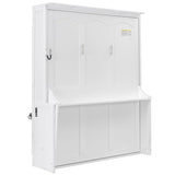 Queen Size Murphy Wall Bed with Desk, Wood Foldable Bed Cabinet with LED Lights and USB Charging Station for Small Places (White) BEDGJH