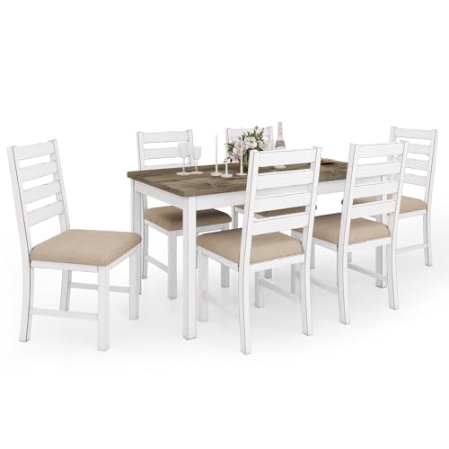 ROCSUMOO Farmhouse Dining Table Set for 6 Person, 59" Kitchen Table Set with 6 Upholstered Chairs, White Rectangular Dinner Room Table & Chairs Set Rustic Wood Stable (6 Chairs) ROCSUMOO