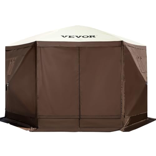 VEVOR 12 * 12ft 6 Sided Pop-up Canopy Shelter Tent with Mesh Windows, Portable Carry Bag, Stakes, Large Shade Tents for Outdoor Camping, Lawn and Backyard, Brown/Beige VEVOR
