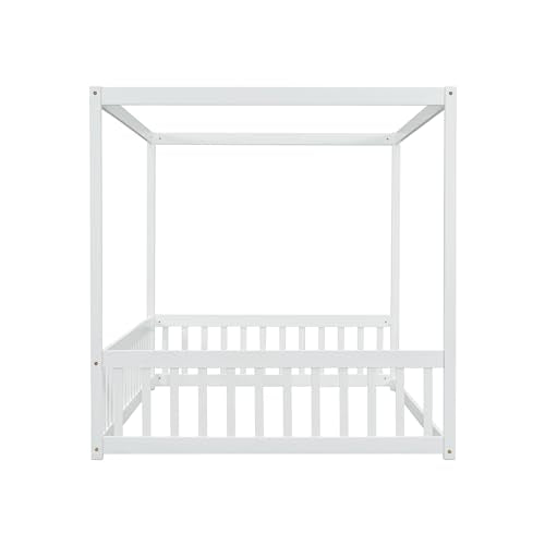 SOFTSEA Grey Full Size Canopy Bed Frame with Guardrails - Low Floor Design, Easy Assembly, No Box Spring Needed SOFTSEA
