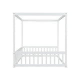 SOFTSEA Grey Full Size Canopy Bed Frame with Guardrails - Low Floor Design, Easy Assembly, No Box Spring Needed SOFTSEA