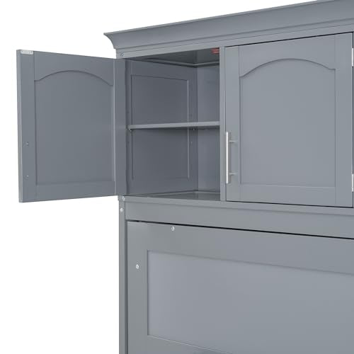 Merax Modern Murphy Cabinet Bed with Top Cabinets, Solid Wood Wall Platform Bed/No Box Spring Needed/Easy Assemble Full,Gray Merax