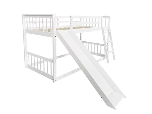 DNYN Twin Over Twin Bunk Bed with Slide for Kids Bedroom,Solid Wood Floor Bunkbeds for Boys and Girls,Easy Assembly & No Box Spring Needed & Space Saving Design, White DNYN