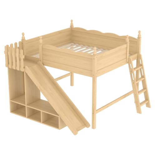 Bellemave Queen Size Kids Loft Bed with Storage Shelves & Cabinet, Solid Wood Loft Bed Frame with Detachable Slide & Ladders for Girls Boys (Natural/Queen) Bellemave
