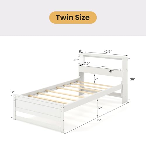 Giantex Twin Bed Frames with Storage Headboard, Wood Platform Bed with Charging Station & LED Light, Single Bed with Slats Support, Under-Bed Space, Twin Bed Frames for Kids Girls Boys (White) Giantex