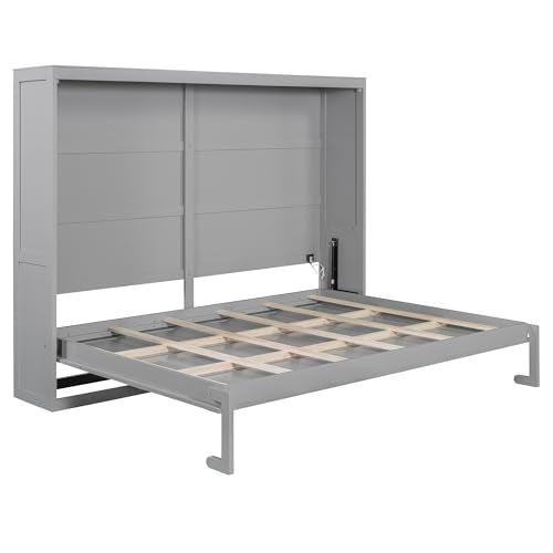 Virubi Queen Horizontal Murphy Bed with LED Lights,Wood Folding Hideaway Fluted Modern Murphy Wall Bed for Adult Guest Room Living Room Bedroom (Grey) Virubi
