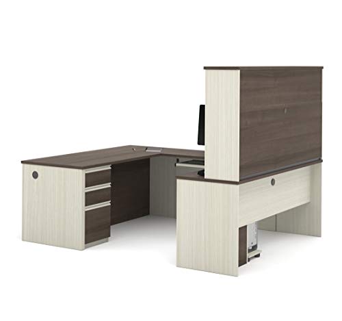Bestar Prestige + 72W U-Shaped Executive Desk with 2 Pedestals and Hutch in White Chocolate & Antigua Bestar