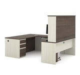 Bestar Prestige + 72W U-Shaped Executive Desk with 2 Pedestals and Hutch in White Chocolate & Antigua Bestar