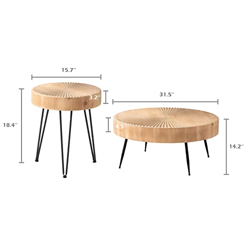 LONYKE 2-Piece Modern Farmhouse Living Room Coffee Table Set, Nesting Table Round with Handcrafted Wood Radial Pattern - WoodArtSupply