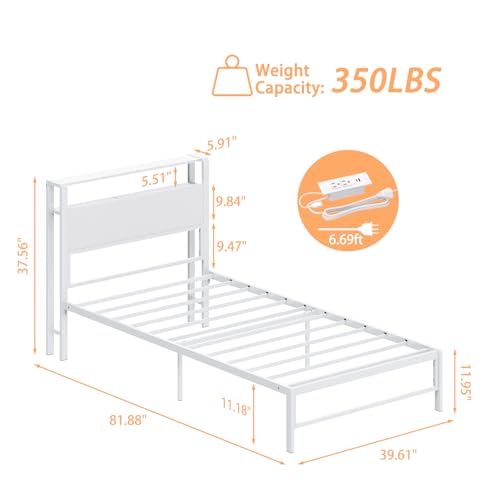 Weehom Twin Bed Frames with 2 Tiers Wood Storage Shelves Headboard, Twin Size Bed with Charger Stations and LED Light Under Bed Storage Space Platform Bed for Kids, Girls and Adults, White Weehom
