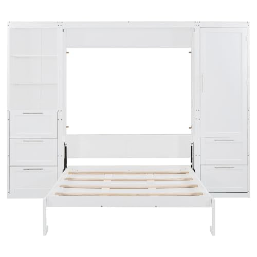 Quarte Modern Queen Size Murphy Bed with Closet, Drawers and Shelves, Cabinet Bed Folding Wall Bed for Guest Room, Office (White@1) Quarte