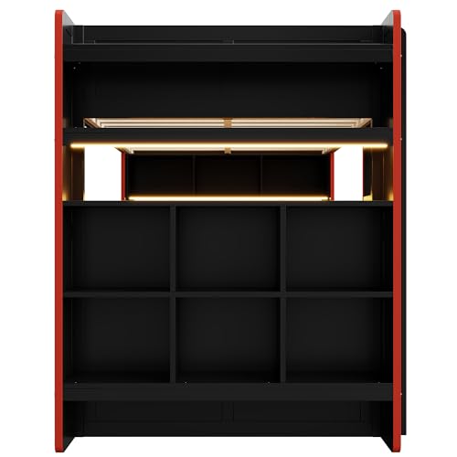 MaiDeHaoo Full Size Gaming Bunk Bed with Desk and Storage Shelves, LED Bunk Bed with Charging Station for Teens Adults, Black MaiDeHaoo