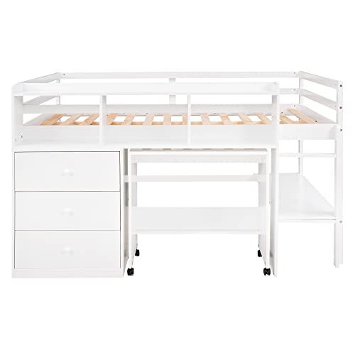 BOVZA Full Size Low Loft Bed with Portable Desk, Drawers, and Shelves in White - WoodArtSupply