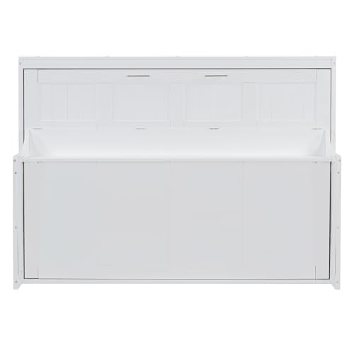 Ball & Cast Horizontal Murphy Bed Full Size,Hidden Folding Wall Bed Frame with Hydraulic Lift&Desk,Wood Cabinet Platform Bed can be Folded into Desk,Space Saving for Bedroom,Guest Room,Apartment,White Ball & Cast