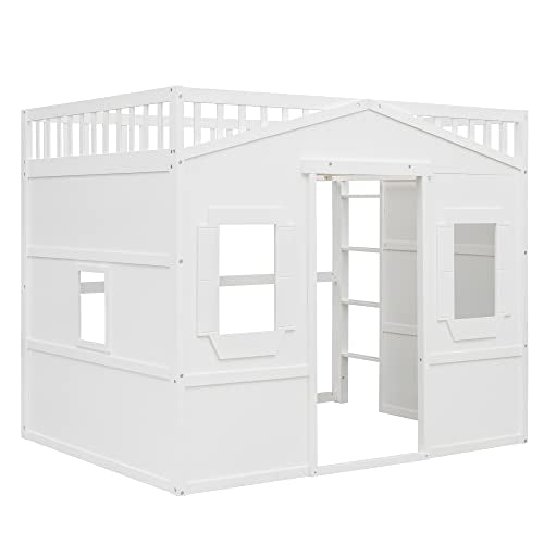 Merax Low Loft Bed Full Size with Underneath Play Space, Full House Loft Bed with 2 Windows and Ladder, Wood Bed Frame, No Box Spring Needed, White Merax