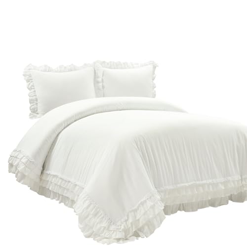 Lush Decor Ella Ruffle Lace 100% Cotton Duvet Cover, 3 Piece Set, Full/Queen, White - Cute Comforter - Queen Bedding Set - White Bedding Full Size - Coquette Decor - Neutral Lace Trim - Ruffle Trim Lush Decor