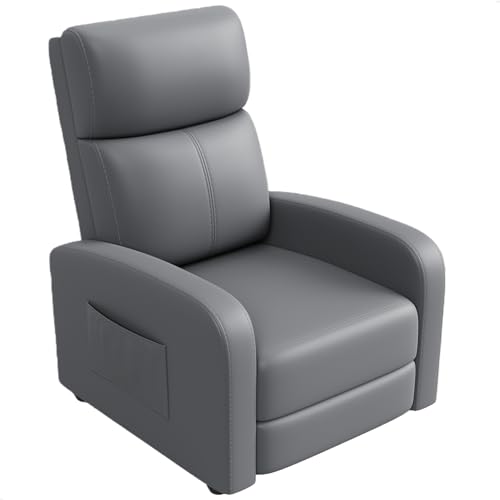 Garvee Recliner Chair for Adults, Leather Lazy Recliner Ergonomic Adjustable Single Sofa Enhanced with Side Pocket, Tall Back, Wide Arms & Padded Seat, Home Theater Seating for Living Room, Grey