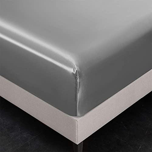 AiMay 4 Piece Twin Size Satin Bedding Sheet Pillowcase Sets Deep Pocket Silky Super Soft Solid Color 1 Flat Sheet 1 Fitted Sheet 2 Envelope Style Pillowcases Sexy Honeymoon (Twin, Silver/Light Grey) AiMay