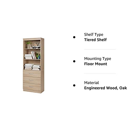 FOTOSOK 71 Inches Tall Storage Cabinet, Bookcase with 3 Drawers and 3-Tier Open Shelves, Wooden Bookshelf Storage Organizer for Living Room, Study, Kitchen, Home Office, Oak