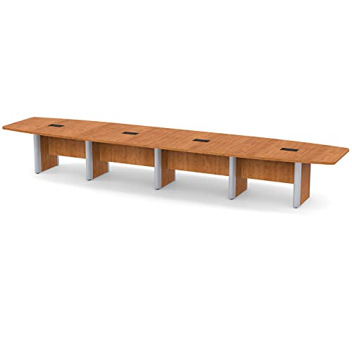 Thaweesuk Shop Honey 18 ft Modern Boat Shaped Conference Table Room Wood Hide Wires Inside Elliptical Metal Legs Desk Grommets Racetrack Silver 4 Power Data Modules Office Boardroom Furniture Business Generic