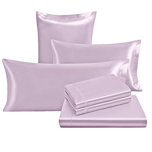 Ersmak 4 Pieces Satin Sheets Set Twin Size, Luxury Silky Lavender Satin Bed Sheets Set with 1 Deep Pocket Fitted Sheet, 1 Soft Flat Sheet, 1 Queen Pillowcases and 1 Body Pillowcase Ersmak
