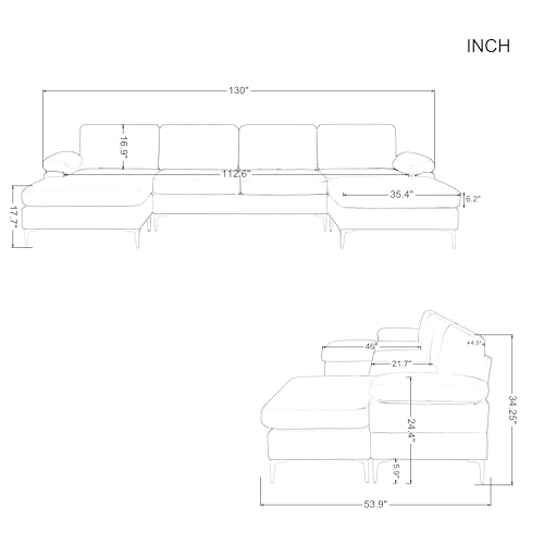 ERYE Oversized U-Shaped Sectional Sofa Couch Modular Deep Seat Sofa&Couch with Reversible Chaise Daybed,Movable Ottoman,Sturdy Metal Legs and Pillow-Top Armrests for Home Office Apartment Living Room