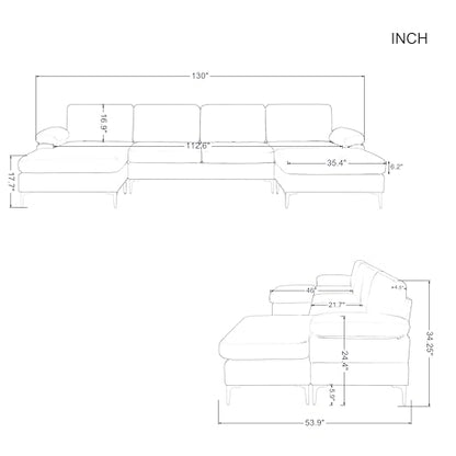 ERYE Oversized U-Shaped Sectional Sofa Couch Modular Deep Seat Sofa&Couch with Reversible Chaise Daybed,Movable Ottoman,Sturdy Metal Legs and Pillow-Top Armrests for Home Office Apartment Living Room