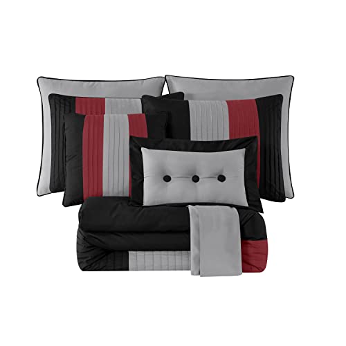 Chezmoi Collection Loft 8-Piece Luxury Striped Comforter Set (King, Red/Black/Gray) Chezmoi Collection