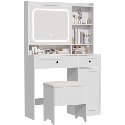 Hogxp Vanity Table with Hidden Storage & LED Mirror - Includes Padded Stool, 5 Compartments, 2 Drawers & 1 Storage Cabinet - Ideal Bedroom Makeup Dressing Table White Hogxp