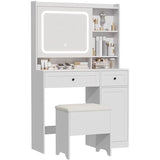 Hogxp Vanity Table with Hidden Storage & LED Mirror - Includes Padded Stool, 5 Compartments, 2 Drawers & 1 Storage Cabinet - Ideal Bedroom Makeup Dressing Table White Hogxp