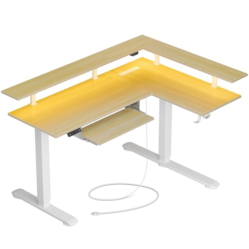 Rolanstar L Shaped Standing Desk with Keyboard Tray, Height Adjustable Corner Desk with LED Light & Power Outlet, Electric Sit Stand Computer Desk with Monitor Stand, Beige Rolanstar