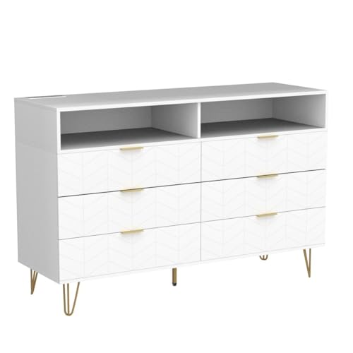 Loomie 6 Drawers Double Dresser with Power Outlet & LED Light,White Long Dresser Chests of Drawers with Storage Cubby,Wood Wide TV Dresser Stand for up to 55" for Bedroom,Hallway,Entryway Loomie